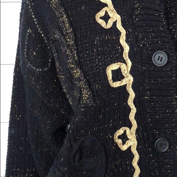 One Step Up vintage cardigan sweater M Black with Metallic Suede Satin trim EUC - Picture 2 of 6